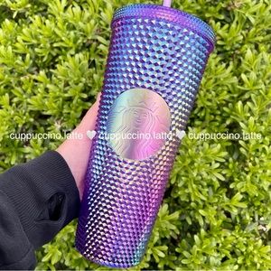 🌈NEW💜Starbucks Summer 2022 Metallic Purple Oil Slick Rainbow Studded Tumbler